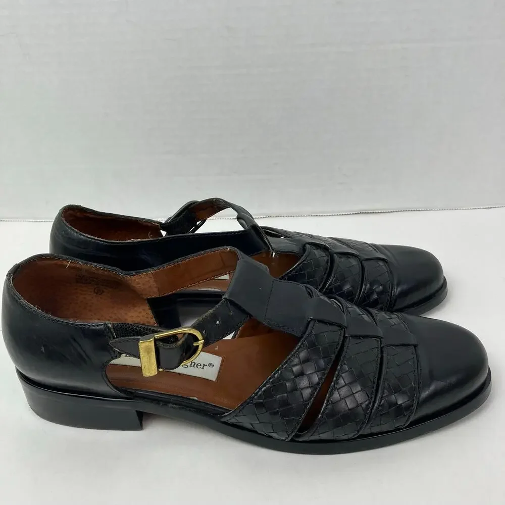 Etienne Aigner Sz 6.5 Vintage 90s T-strap Closed Toe Fisherman Sandals Black